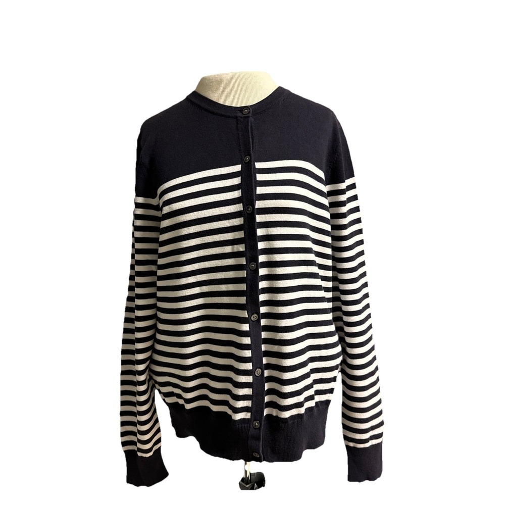 Lands' End Cotton Navy Stripped Cardigan Sweater Women's Sz Medium 10-12